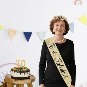 Décorations pour le 70e <span class=keywords><strong>anniversaire</strong></span> des femmes, bougies numérotées en alliage doré avec écharpe et diadème, cadeaux pour le 70e <span class=keywords><strong>anniversaire</strong></span> - Product Image 5