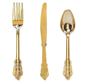 Einweg-Kunststoff Gold Rose Gold Nachtisch Kuchen Krone Löffel Gabel Messer Besteck Geschirr-Set für Party Hochzeit oder täglicher Gebrauch