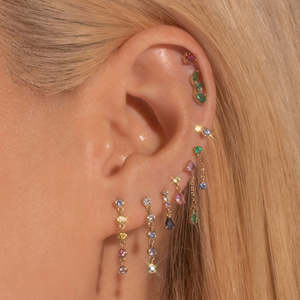 Pendientes Colgantes Delicados Minimalistas de Plata de Ley 925 con Baño de Oro Vermeil y Circonitas de Colores para Mujer, con Múltiples Perforaciones - Product Image 3