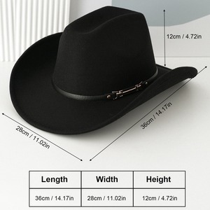 Western Wool Cowboy Hat Women's Top Hat Black M56-58cm Leather Belt Metal Buckle Party Hat - Product Image 5