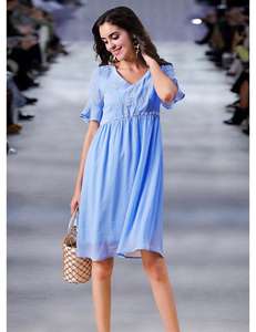 Abito blu chiaro con scollo a V con ricamo, maniche corte svasate, abito <span class=keywords><strong>Midi</strong></span> in Chiffon da donna - Product Image 4