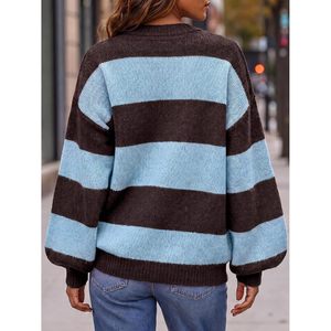 Pull surdimensionné personnalisé pour femme, rayé, en maille épaisse, à col rond, à manches lanternes, avec blocs de couleur - Product Image 3
