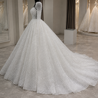 Robe de mariée de bal à manches longues bouffantes, entièrement en dentelle à sequins, col carré, grande taille, personnalisable, vente en gros, fleurs