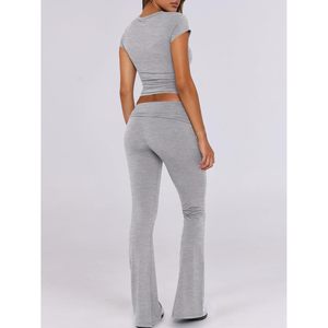 Ensemble de détente FOXA pour femme, 2 pièces, legging évasé à revers et crop top, tenue décontractée Y2K, ensemble de survêtement assorti, tenue de yoga - Product Image 4