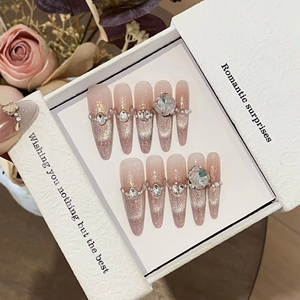 Lot de 10 faux ongles de luxe faits main, effet œil de chat, style français, stiletto, à presser, 3D, réutilisables, en acrylique, personnalisables avec votre marque privée - Product Image 3