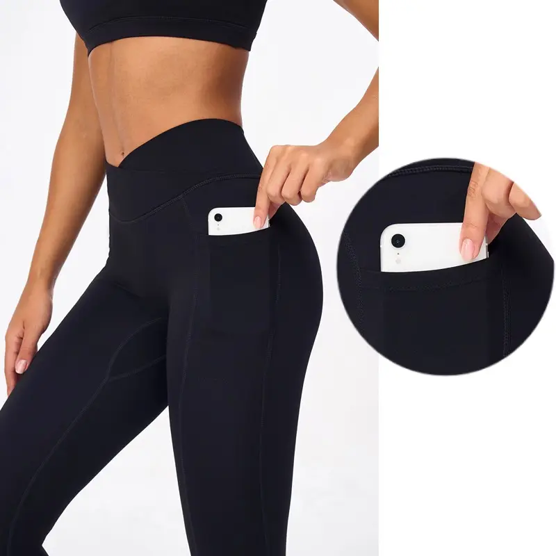 Calça esportiva feminina de cintura alta spandex para ioga, roupa fitness apertada para treino de academia e academia, leggings para ioga com bolso, 2024