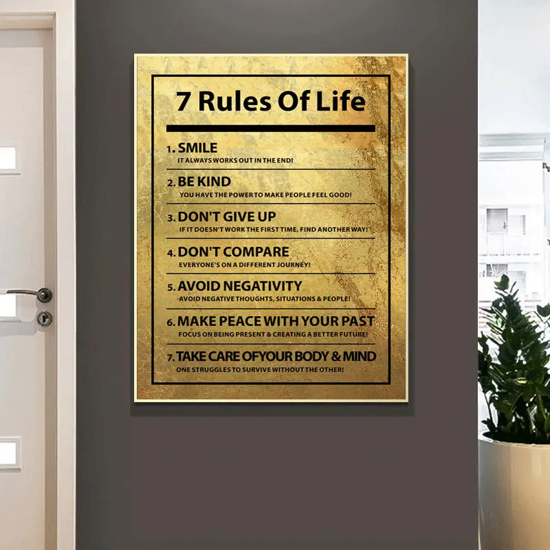 Pintura en lienzo con cita motivadora de 7 reglas de la vida, póster dorado, imagen artística de pared inspiradora