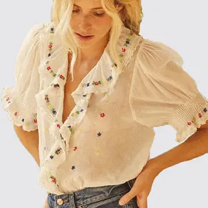 New Fashion Summer Soft And Comfortable Shirt Embroidered Knitted Floral Women Blouses