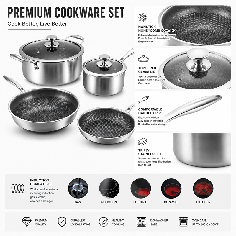 13 Pieces Stainless Steel Non-stick Cookware Set Hybrid Honeycomb Bottom Milk Pot Soup Pot Frying Pan Wok Set with Glass Lid · image 2