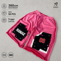 Shorts en molleton rose RAMAX effet vieilli, patchwork, rivets, graphiques 09, style grunge Y2K, streetwear homme, vente en gros personnalisée, jorts