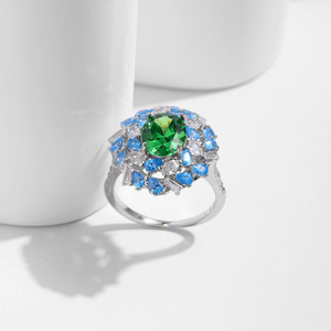S925 <b>silver</b> <b>Emerald</b> Green Gemstone Flower <b>Ring</b> With Blue Topaz And Round Brilliant Cut Diamonds Prong Setting Women's Cocktail - Product Image 6