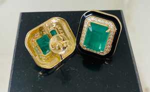 Pendientes de Oro Amarillo de 14 Quilates con Esmalte Negro, Esmeraldas y Diamantes de Laboratorio Certificados, Esmeralda Octogonal - Product Image 2