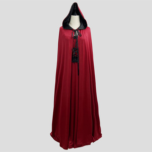 Wine Red Hooded Cape Costume For Women Cosplay Halloween Party Dress Adult Role Play Costume Long Velvet Cloak With Black Lacing - Product Image 1