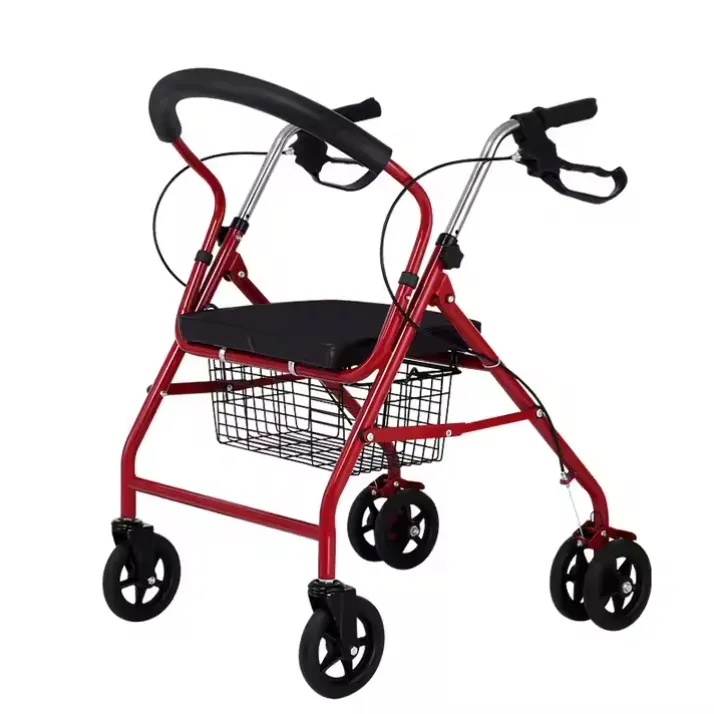 Andador adulto de alumínio leve para deficientes, equipamento de apoio para cuidados de saúde, andador com assento, 4 rodas, dobrável