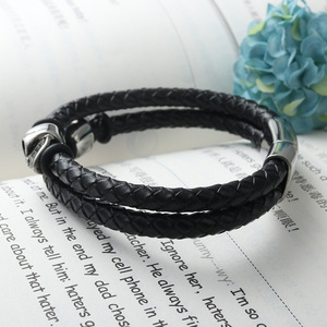 yunnique Skull <b>Bracelet</b> Black Braided Leather Titanium Steel Charm Unisex Jewelry - Product Image 2