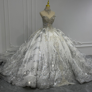 XS296 Modern Sparkly Sweetheart Sequined Beaded Chapel Train Long Lace Flowers <b>Crystal</b> Wedding Dress - Product Image 2