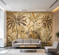 Papier peint mural vintage tropical avec palmiers et oiseaux pour salon, hall d'hôtel et salon de thé