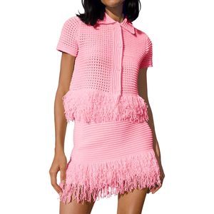 Fisoew Ensemble 2 pièces en crochet pour femme, haut en tricot à manches courtes, jupe à franges, tenue de plage d'été - Product Image 1