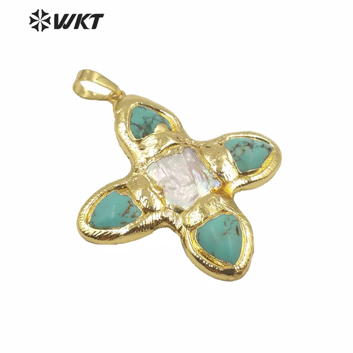 WT-JP216 WKT de exclusivo diseño único verde turquesa piedra colgante único chapado en oro perla Cruz colgante para mujer