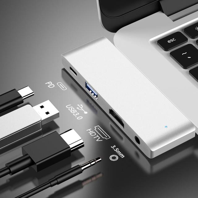 High Speed Single Head Type-C USB3.0 4K 60Hz 3.5mm PD100W USB HUB 4 Port Type C Docking Station 4 in 1
