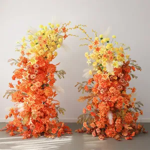 Elegante Seiden-Blumenreihe in Gelb-Orange mit Rosen und Hortensien für Hochzeits-Hintergrund und Tischdekoration, Langlebig und Umweltfreundlich - Product Image 2