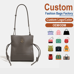 Minimalist Grey Drawstring Tote Women's Textured Leather Crossbody Bag with Adjustable Strap - Product Image 1