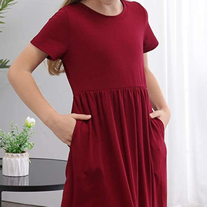 Abiti lunghi a maniche corte estivi abiti da bambina rossi tinta unita per bambina - Product Image 3