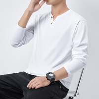 T-shirt basique pour homme à col en V et manches longues, coupe ample, en coton, à deux boutons, pour grandes tailles, vente en gros