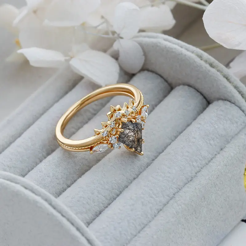 Perhiasan halus perak S925 layang-layang berbentuk rambut hitam kristal Aquamarine Zircon menjanjikan pertunangan dan pernikahan Set cincin untuk wanita