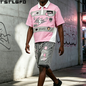 Custom Multi Patch Polo Shorts <b>Set</b> Pink Graphic Print Embroidery Distressed Denim Shorts Y2K Streetwear Wholesale Bulk - Product Image 5