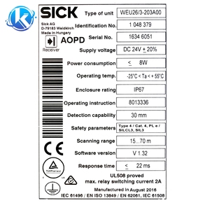 ORIGINAL SUPPLY <span class=keywords><strong>WEU</strong></span> 26/3-203A00-131 PN:1048379 Capteur photoélectrique de sécurité LOC # S103 - Product Image 1