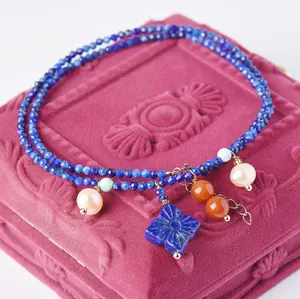 Natural Lapis Lazuli Bead Round Faceted Diamond Bead Lapis Clover Necklace