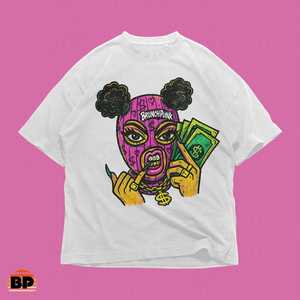 Maglietta Oversize Y2K Streetwear con Grafica BrunchPunk Cash Bandit Balaclava Girl, T-Shirt Rosa con Maschera da Sci e Cartone Animato Denaro per Donne - Product Image 1