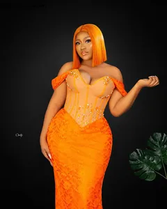 Vestidos de Fiesta Largos Color Naranja Brillante Estilo Africano Personalizados 2025, con Cuentas y Encaje, para Mujeres Negras, Vestidos de Noche Formales Aso Ebi - Product Image 2