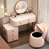 Table de maquillage moderne de style nordique en bois massif avec miroir éclairé, tabouret réglable, haut-parleur Bluetooth, fonctionnalités multifonctions