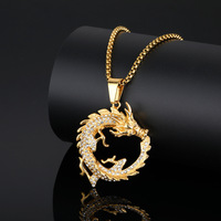 Pendentif Dragon en Acier Inoxydable 316L Or avec Cristaux CZ Pavés, Collier Chaîne Boîte Mythique Chinoise, Bijoux Homme Femme Personnalisé OEM