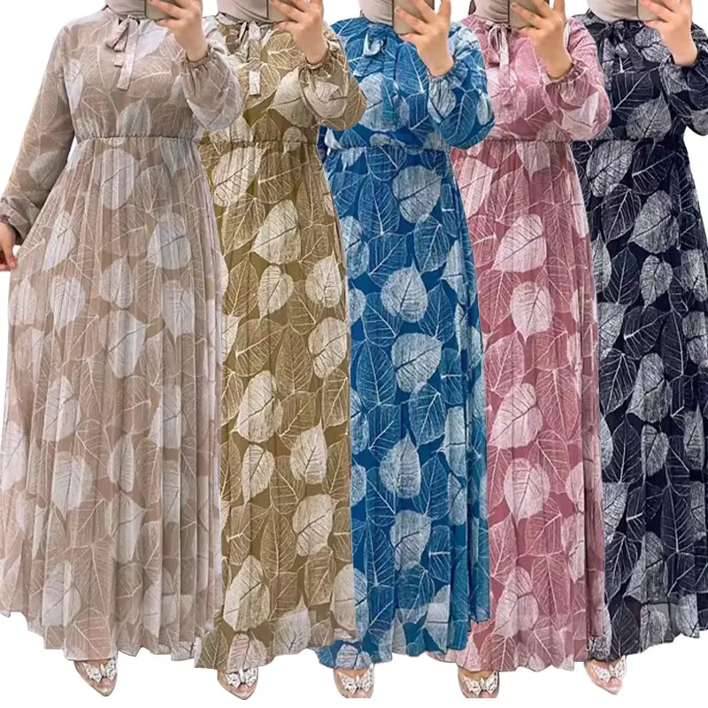 Moderno Color sólido Poliéster Ropa islámica Mujeres Hojas Patrón floral Árabe Dubai Eid Vestidos musulmanes Abaya