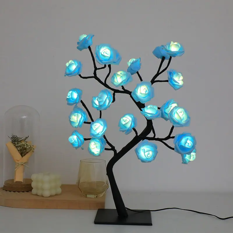 LED lampu pohon mawar LED, hiasan meja pohon buatan bertenaga USB 24L untuk rumah pernikahan kamar tidur