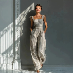 Wholesale 2026 Women Jumpsuit Linen <strong>Sexy</strong> Striped Halter Sleeve One-Piece Pants Trendy <strong>Dungarees</strong> Casual Wide Leg Women Overalls - Product Image 1
