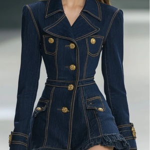 Vestido vaquero mini personalizable clásico y divertido con solapa grande, dobladillo con volantes y mangas largas para mujer - Product Image 3