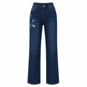 Jeans a Vita Alta e Gamba Larga in Denim Strappato per Donna, Stile Casual e Comodo, Lunghezza Intera, Blu, in Cotone, Stile Autunnale - Product Image 1