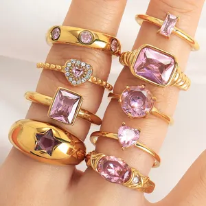 Jóias finas Multi Estilo Promessa De Noivado De Casamento Anel Baguette Coração-shaped CZ ROSA Pedra Anéis Eternidade Rosa Gem Anel