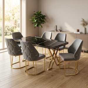 Ensemble de salle à manger moderne convertible 6 pièces, chaises en velours, table noire, cadre doré, mobilier contemporain adapté aux appartements - Product Image 6