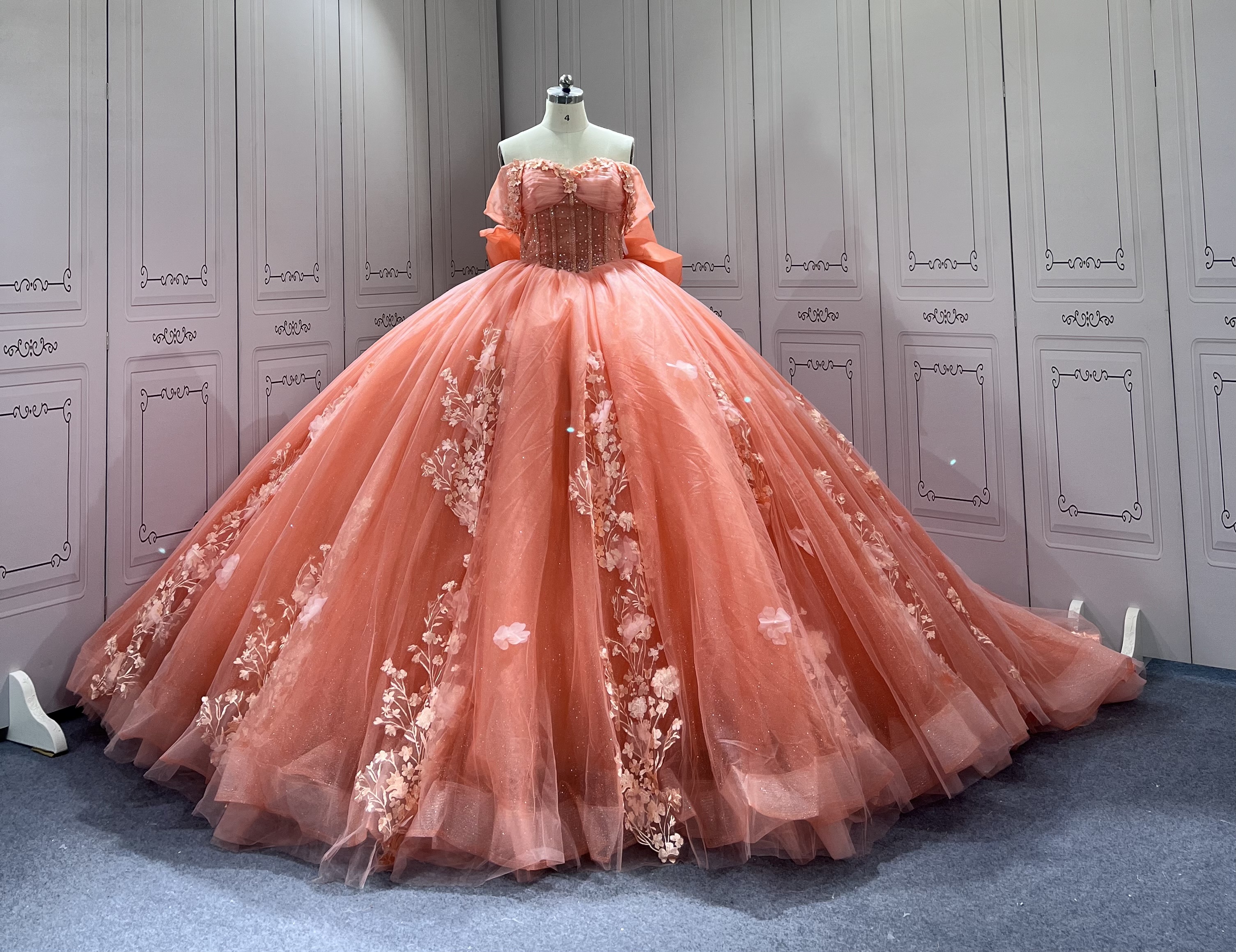 open lace back dress Burnt Orange Ball Gown Satin Puffy Sleeve Dress – Lisposa main image 1