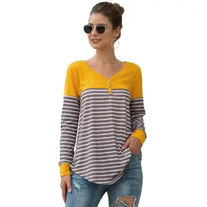 New Fashion Spring Autumn Women Girls Button V-neck Stripe Color Matching Long Sleeve T-shirt Casual Slim Blouse Tops