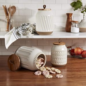 Serie de tarros de cerámica de mesa, diseño de gres, almacenamiento de cocina, conjunto <span class=keywords><strong>blanco</strong></span> de <span class=keywords><strong>madera</strong></span> de acacia en relieve, conjunto de tarros blancos en relieve - Product Image 3