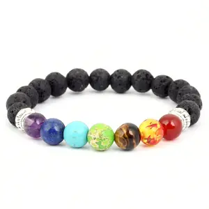 Zwarte Lavasteen 7 Chakra Armbanden 8Mm Rock Kraal Elastische Natuurstenen Edelstenen Yoga Meditatie Agaat Kralen Armband