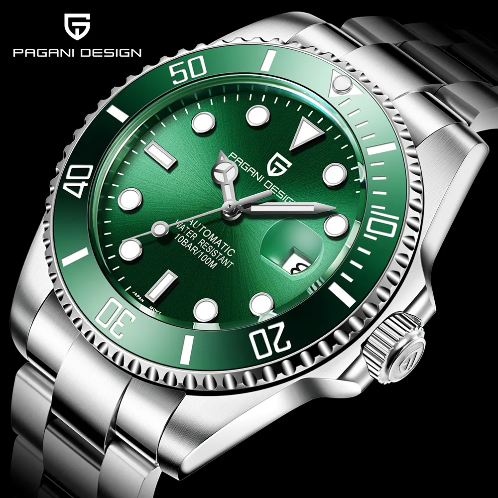 Pagani Design นาฬิกากลไกอัจฉริยะสำหรับผู้ชาย,นาฬิกานักธุรกิจอัตโนมัติกันน้ำสายเหล็กแซฟไฟร์สีเขียวหรูหราปี PG1639