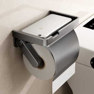 Portarrollos de papel higiénico montado en la pared con estante, diseño minimalista gris, soporte para papel de baño, forma rectangular impermeable - Product Image 1