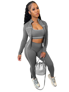 Setelan Yoga Wanita Warna Kontras, Jaket Yoga Resleting Bahan Sanded, Celana Yoga Slim, Pakaian Olahraga Yoga - Product Image 3